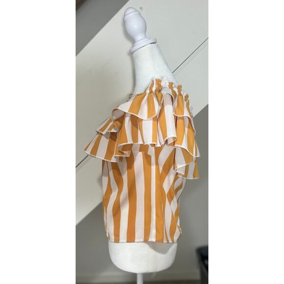 A. Calin by Flying Tomato Off the Shoulder Ruffles Orange White Blouse Size S - Picture 3 of 9